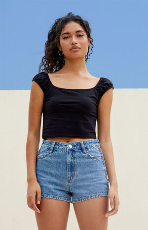 Medium Indigo Lace-Up High Waisted Denim Festival Shorts image number 3