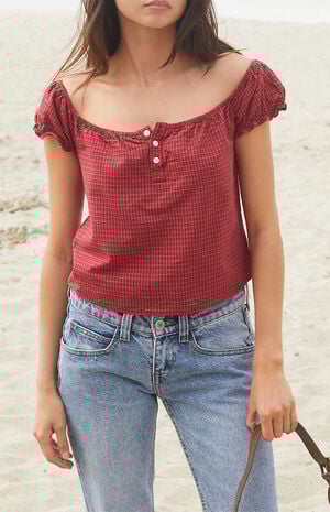 Red Plaid Clarisse Off-The-Shoulder Top image number 2