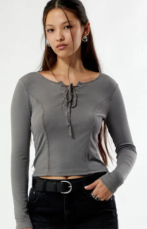 Zoey V-Neck Lace-Up Long Sleeve Top image number 2