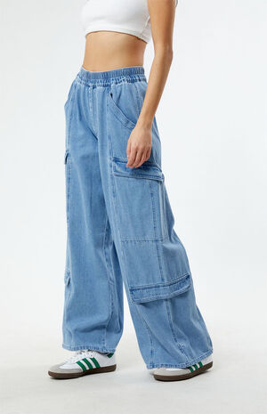 Light Indigo Wide Leg Cargo Jeans image number 2