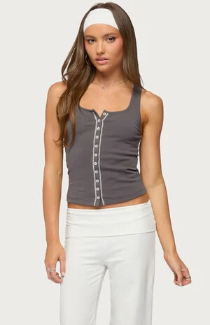 Contrast Button Up Ribbed Tank Top image number 1