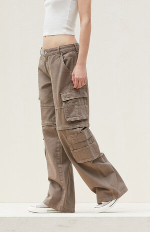 Tan Zip Off Low Rise Baggy Cargo Jeans image number 4