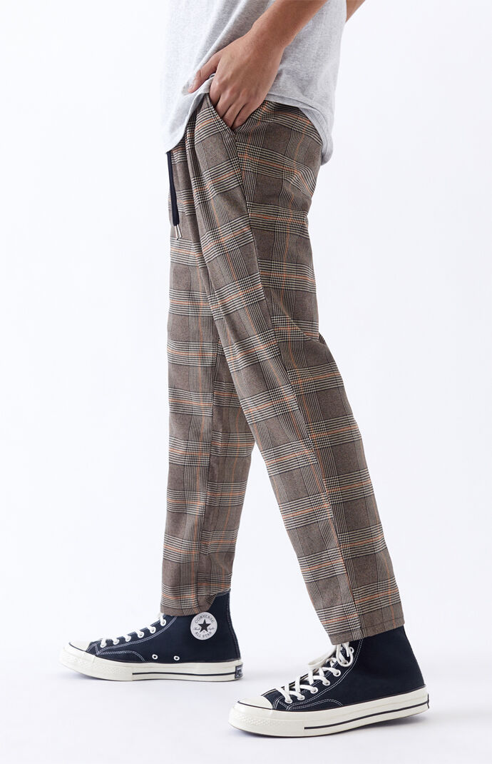 Brown Plaid Slim Fit Pants