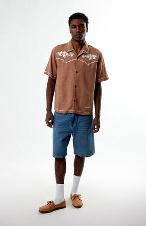 Tan Western Embroidered Oversized Resort Camp Shirt image number 4
