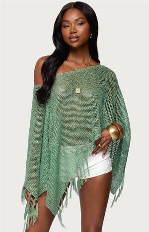 Sequin Fringe Knit Poncho image number 1