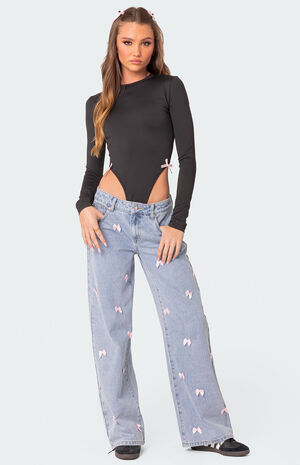 Lucille Low Rise Satin Bow Straight Leg Jeans image number 4