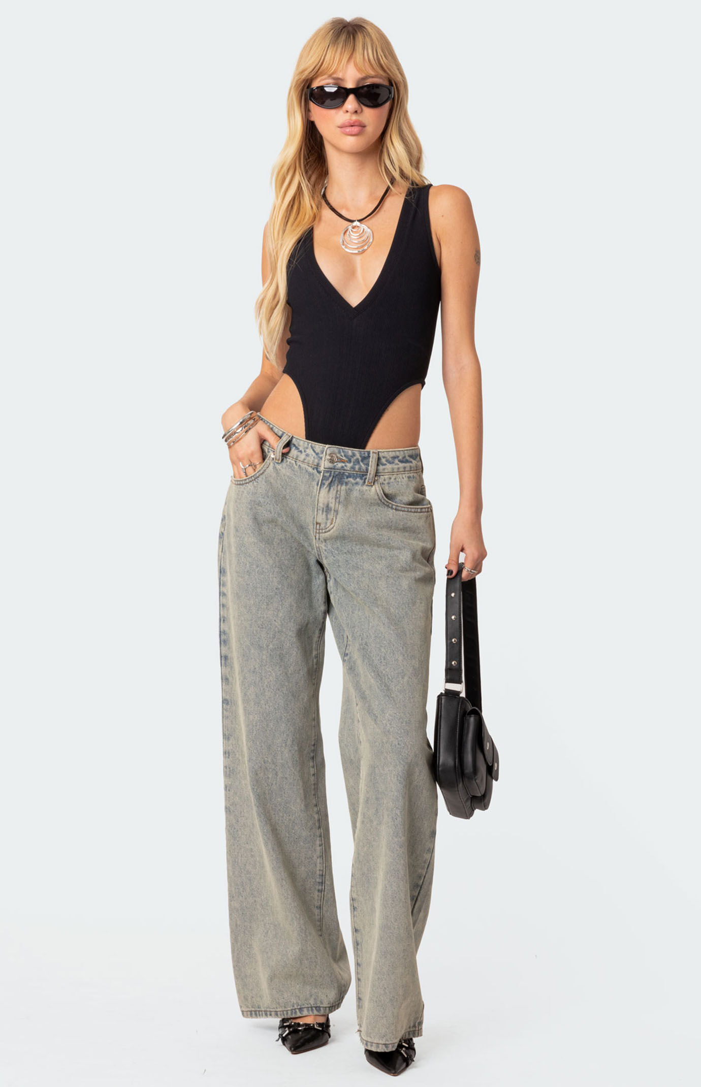 Edikted High Cut Ribbed V Neck Bodysuit | PacSun