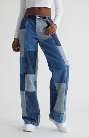 Medium Blue&nbsp;Patchwork Low Rise Puddle Cargo Pants image number 1
