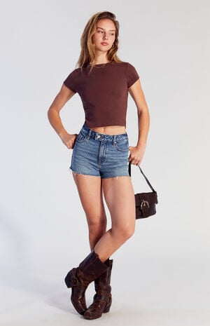 Medium Indigo Raw Cut High Waisted Denim Festival Shorts image number 5