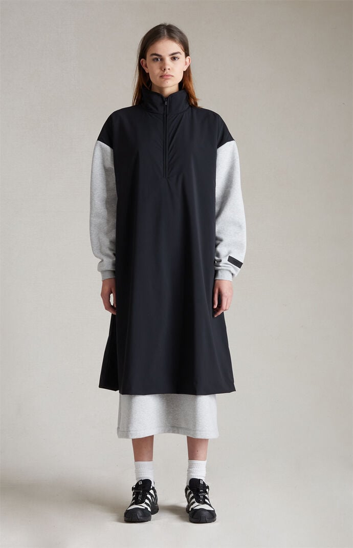 피오갓 에센셜 Fear of God Essentials Womens Light Heather Grey Black Nylon Fleece Mock Neck Sweater Dress