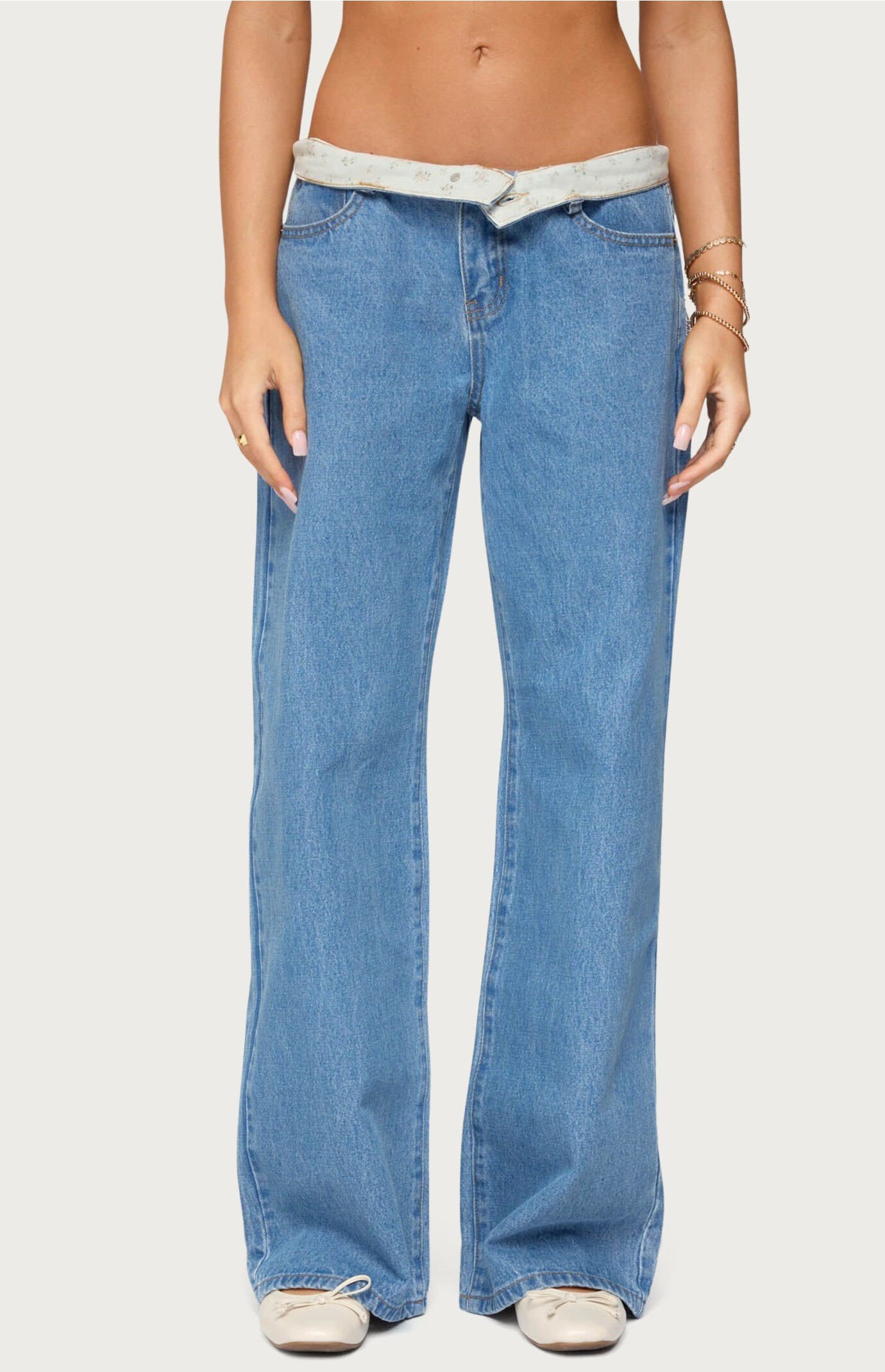 Edikted Floral Foldover Low Rise Jeans