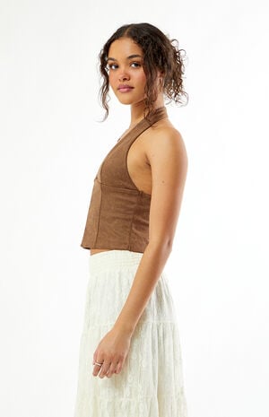 Paisley Faux Suede Hook-And-Eye Halter Top image number 4