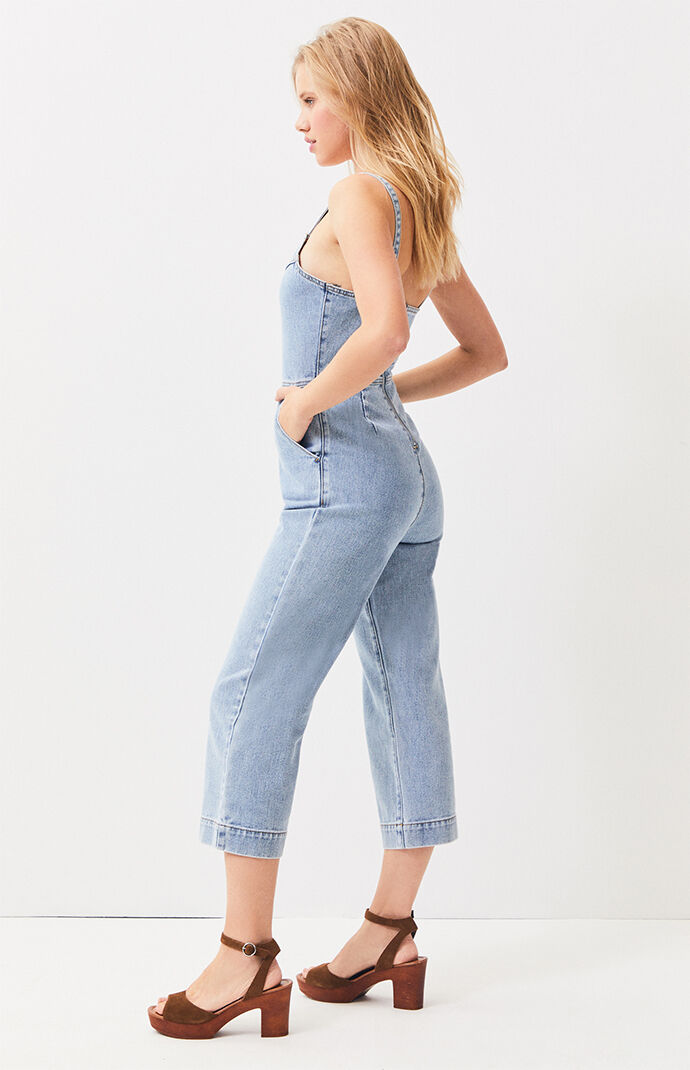 spaghetti strap denim jumpsuit