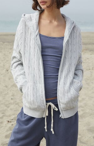 Silver Cable Knit Zip Up Sweater Hoodie