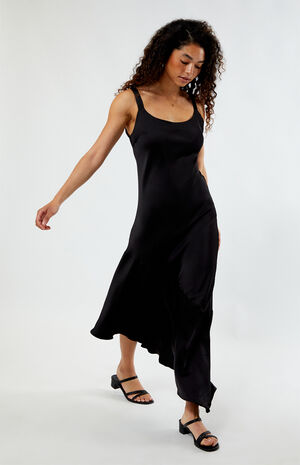 Black Satin Asymmetrical Midi Dress image number 1