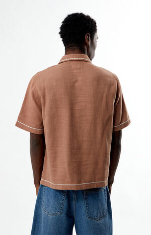 Tan Western Embroidered Oversized Resort Camp Shirt image number 3