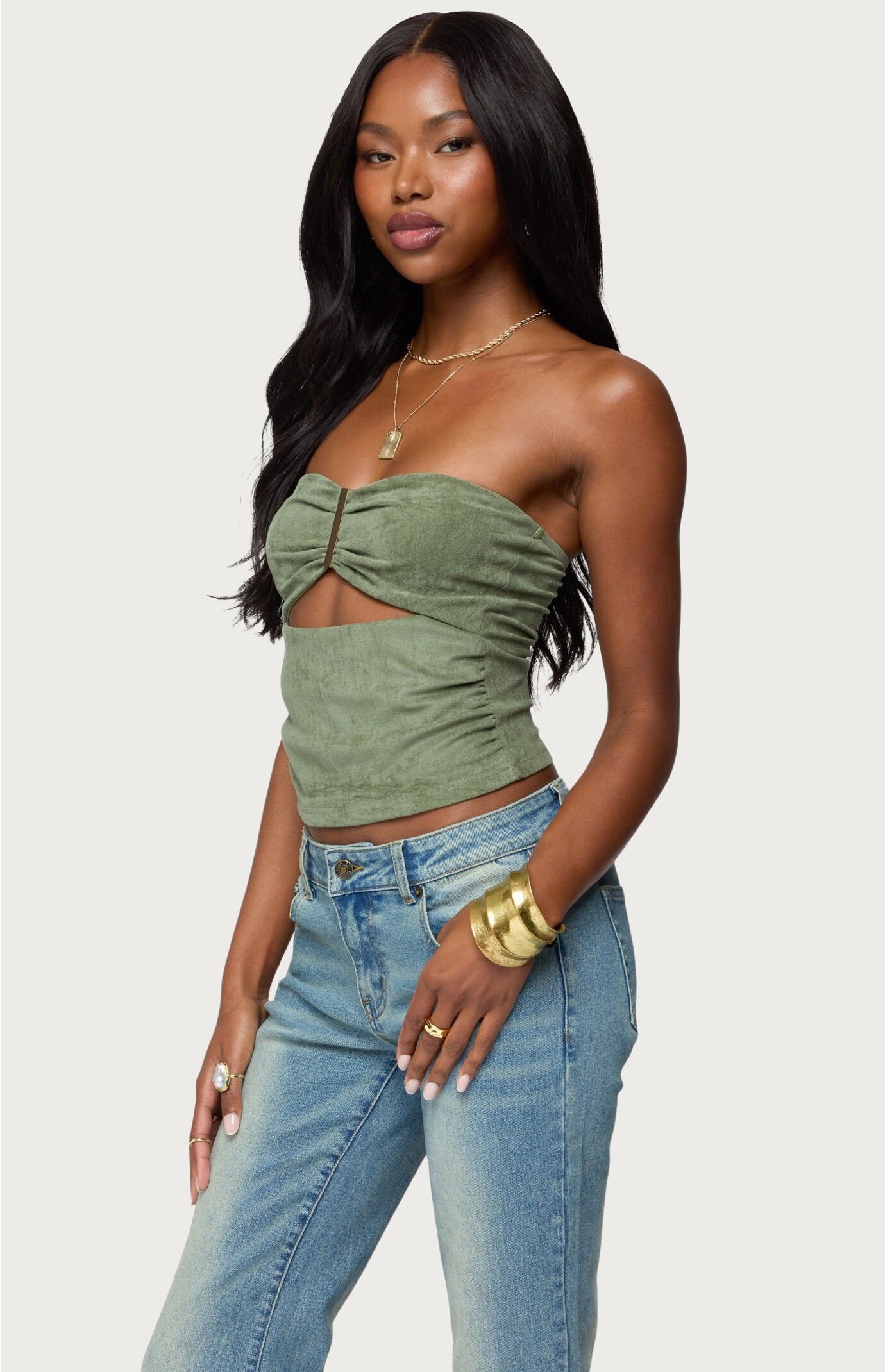 Edikted Kalina Cutout Faux Suede Strapless Top