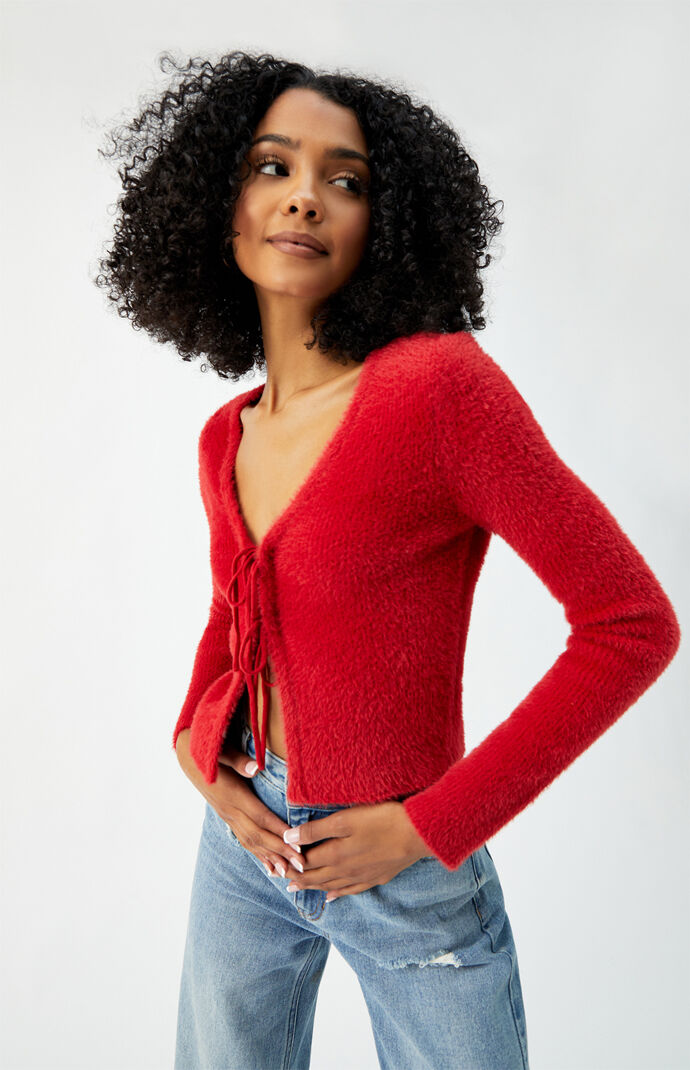 Red tie front cardigan cheap