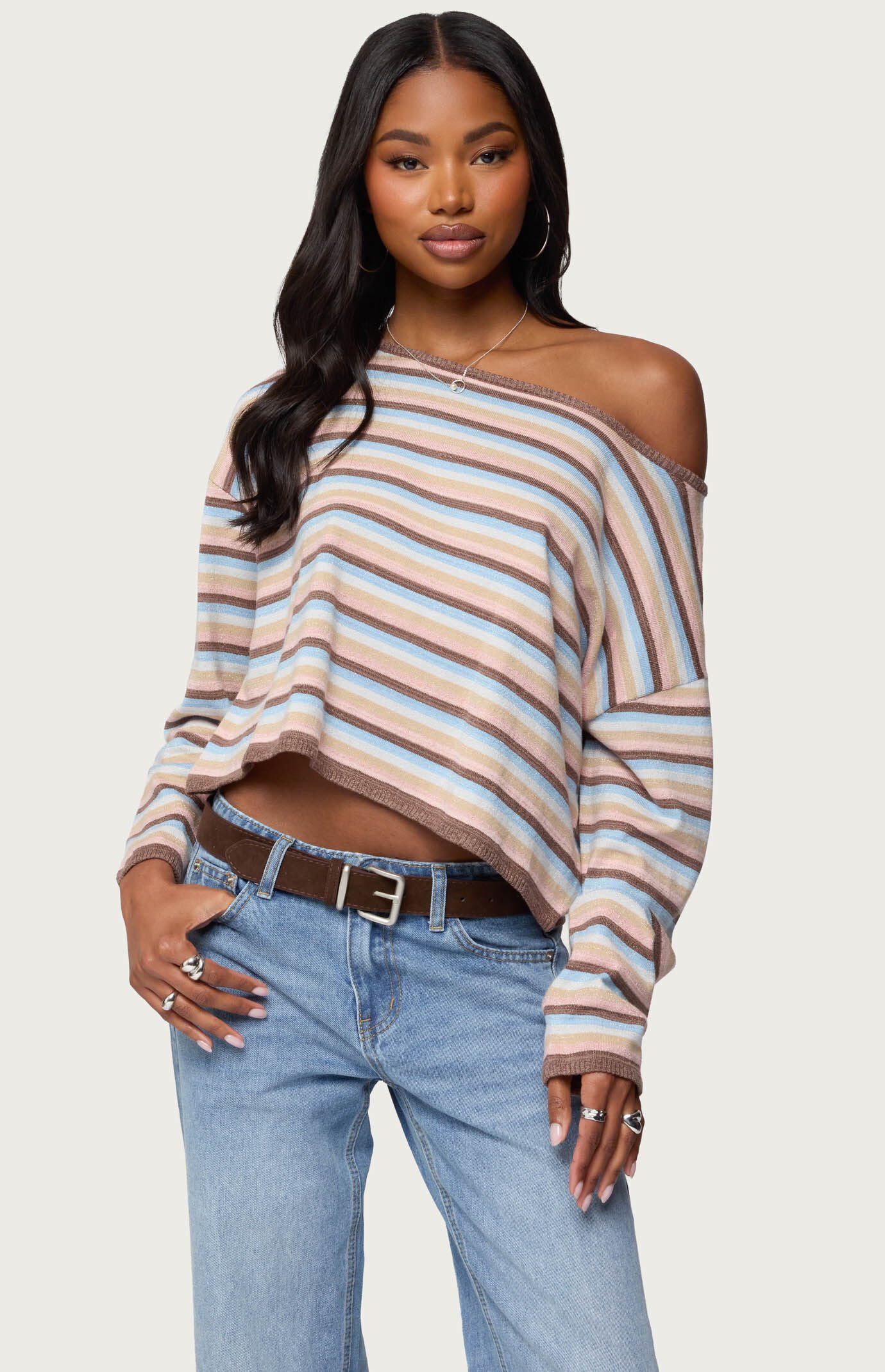 Edikted Alexis Off Shoulder Striped Knit Top