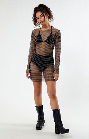 Rhinestone Mesh Long Sleeve Mini Dress image number 1