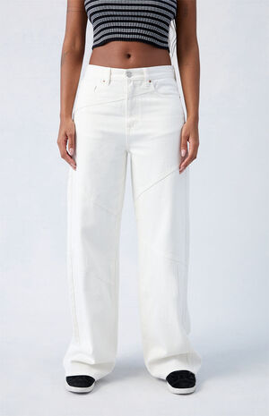 White Paneled Dakota Mid Rise Baggy Jeans image number 1