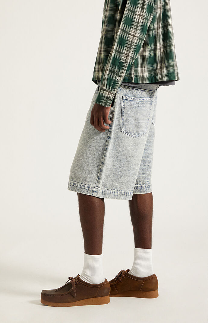 Pacsun Parker Baggy Denim Shorts Jacquard Checkered Light Blue