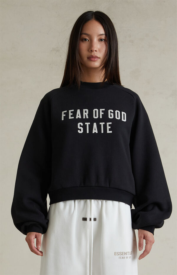Fear of God ESSENTIALS Women's Jet Black Fleece Cropped Crew Neck Sweatshirt