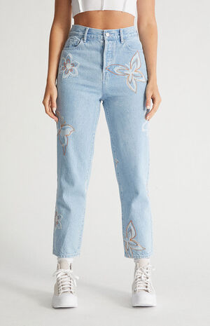 Eco Light Blue Butterfly High Waisted Straight Leg Jeans image number 1