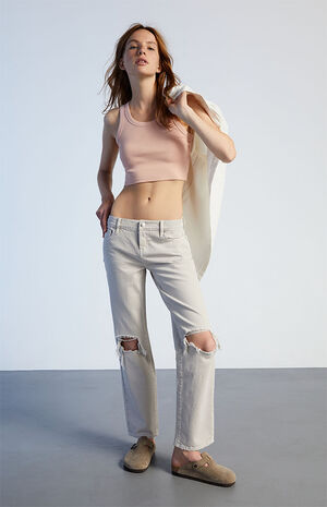 Eco Gray Ripped Low Rise Straight Leg Jeans image number 1