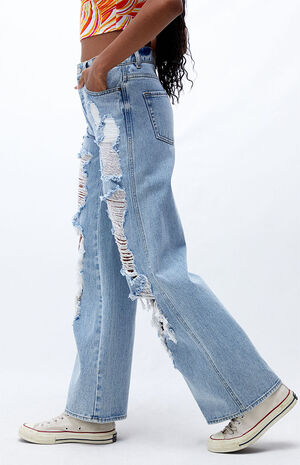 Light Blue Distressed High Waisted Baggy Jeans image number 2