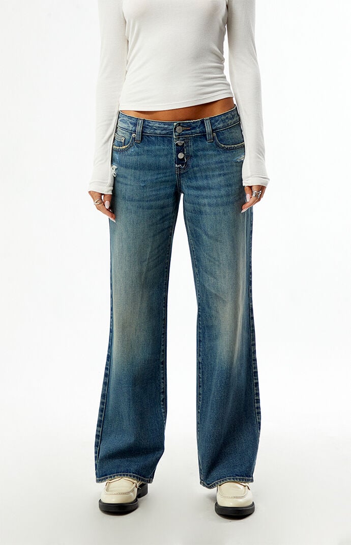 Pacsun Zoe Low Rise Girlfriend Jeans Ripped Exposed Button Medium Blue