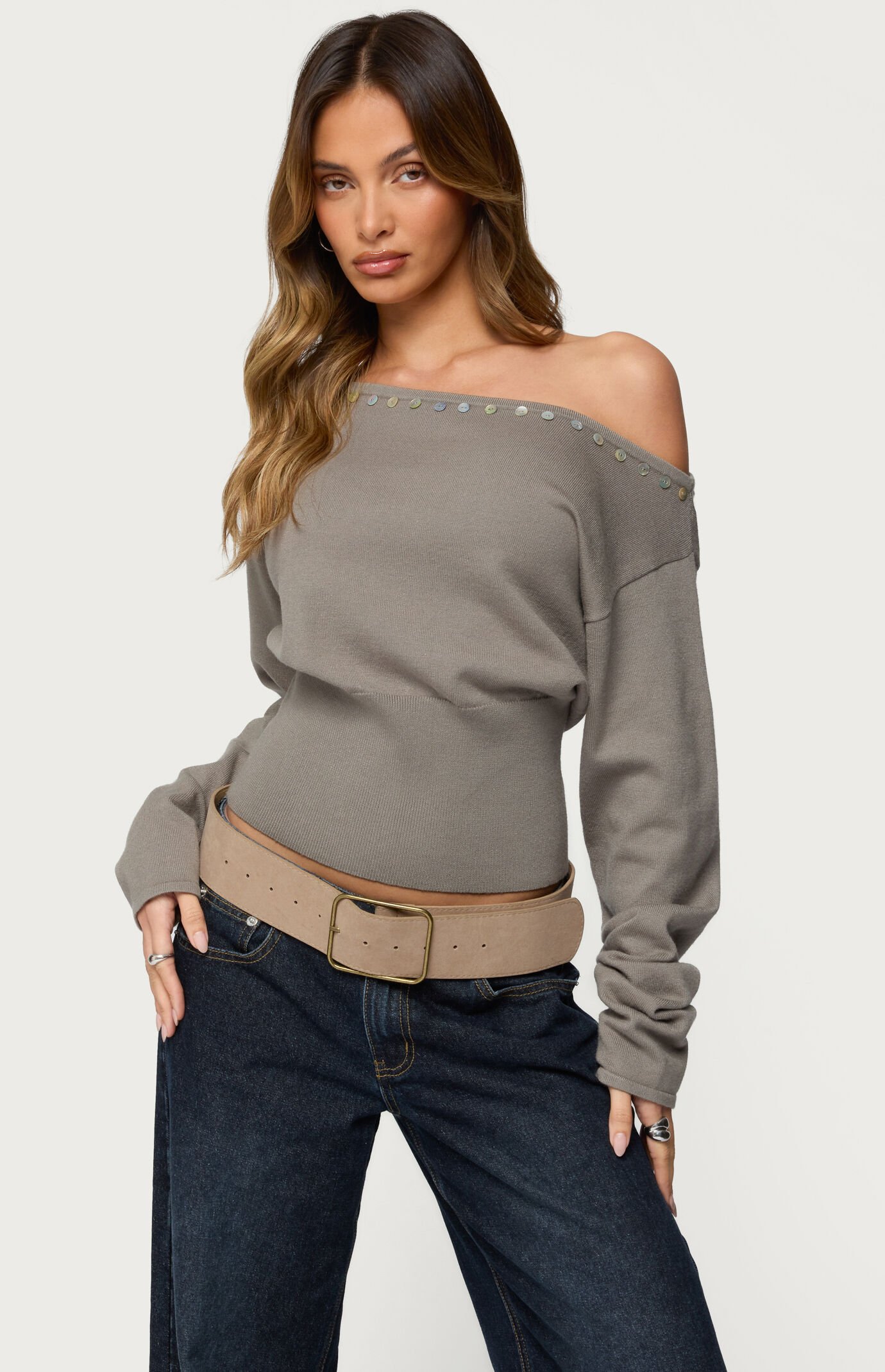 Edikted Carmela Iridescent Button Off-The-Shoulder Sweater