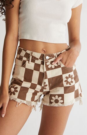 Eco Flower Checkerboard&nbsp;High Waisted Denim Festival Shorts image number 2