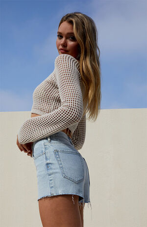 Light Blue Stretch High Waisted Denim Shorts image number 5