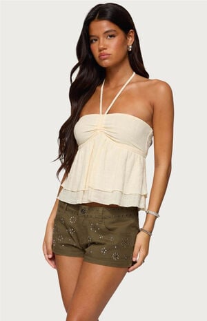 Layered Linen Look Babydoll Halter Top image number 2