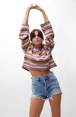 Medium Blue Distressed Vintage High Waisted Denim Shorts image number 2