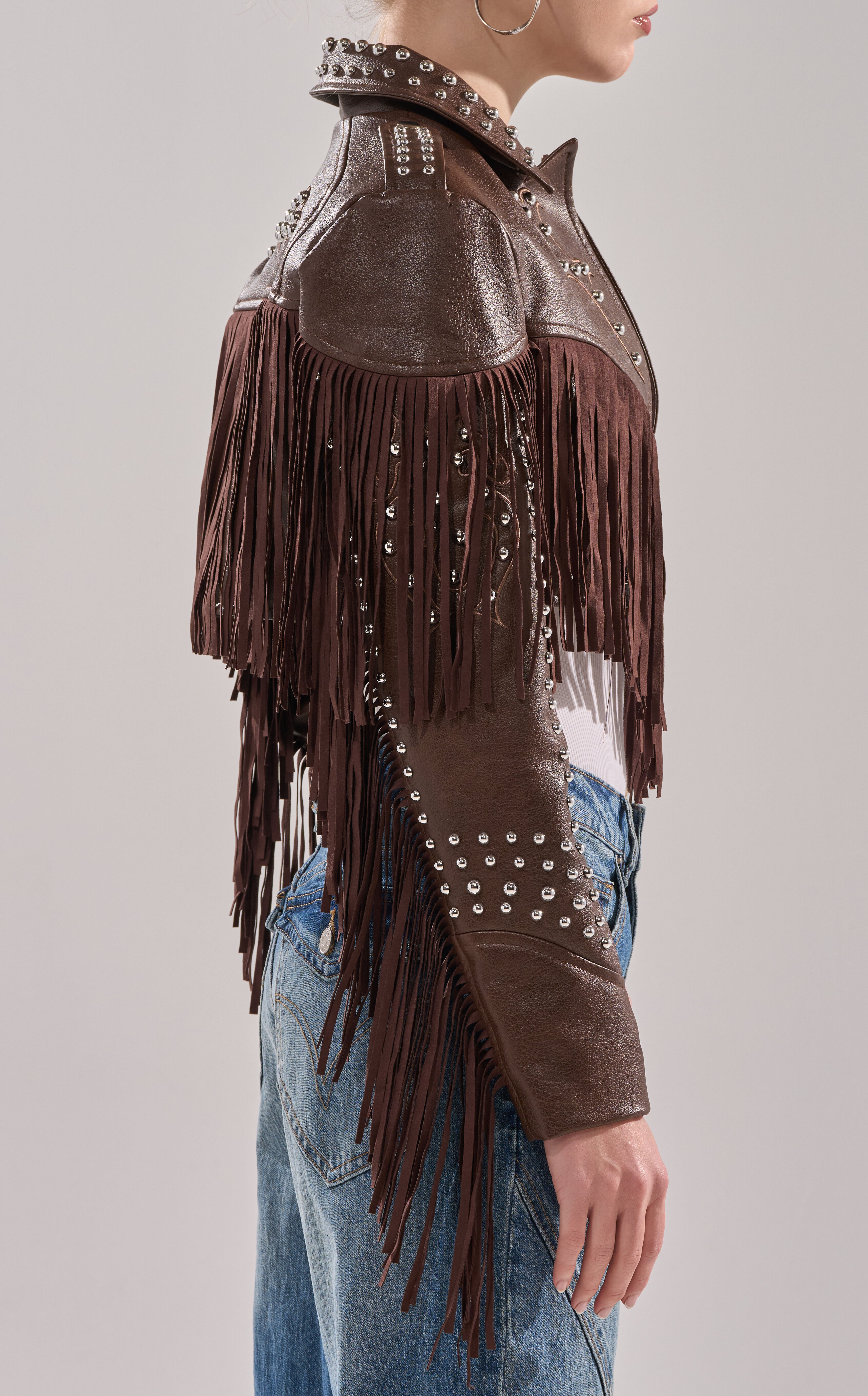 AZALEA WANG Reece Brown Western Fringe Faux Leather Jacket