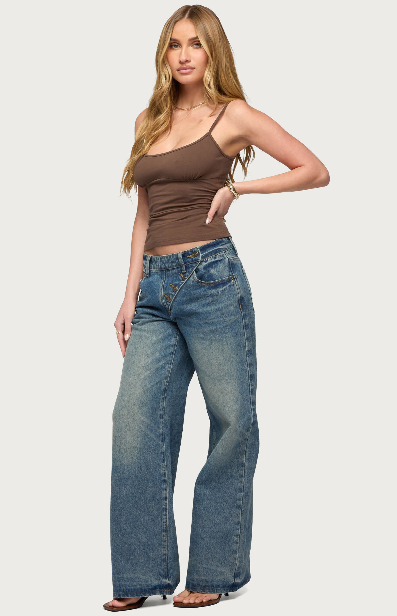 Edikted Moxlan Slanted Button Low Rise Baggy Jeans