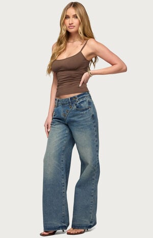 Moxlan Slanted Button Low Rise Baggy Jeans image number 4