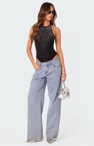 Open Back Mesh Rhinestone Bodysuit image number 2