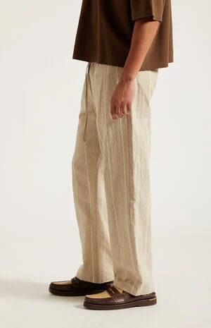Cream Striped Straight Leg Linen Pants image number 4