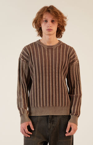 Brown Wide Ribbed Knit Crew Neck Sweater image number 2
