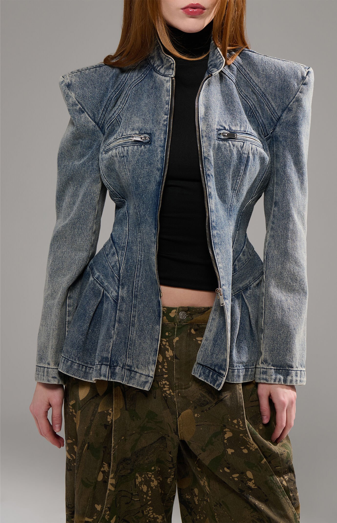 AZALEA WANG Virelle Structured Zip Up Denim Jacket
