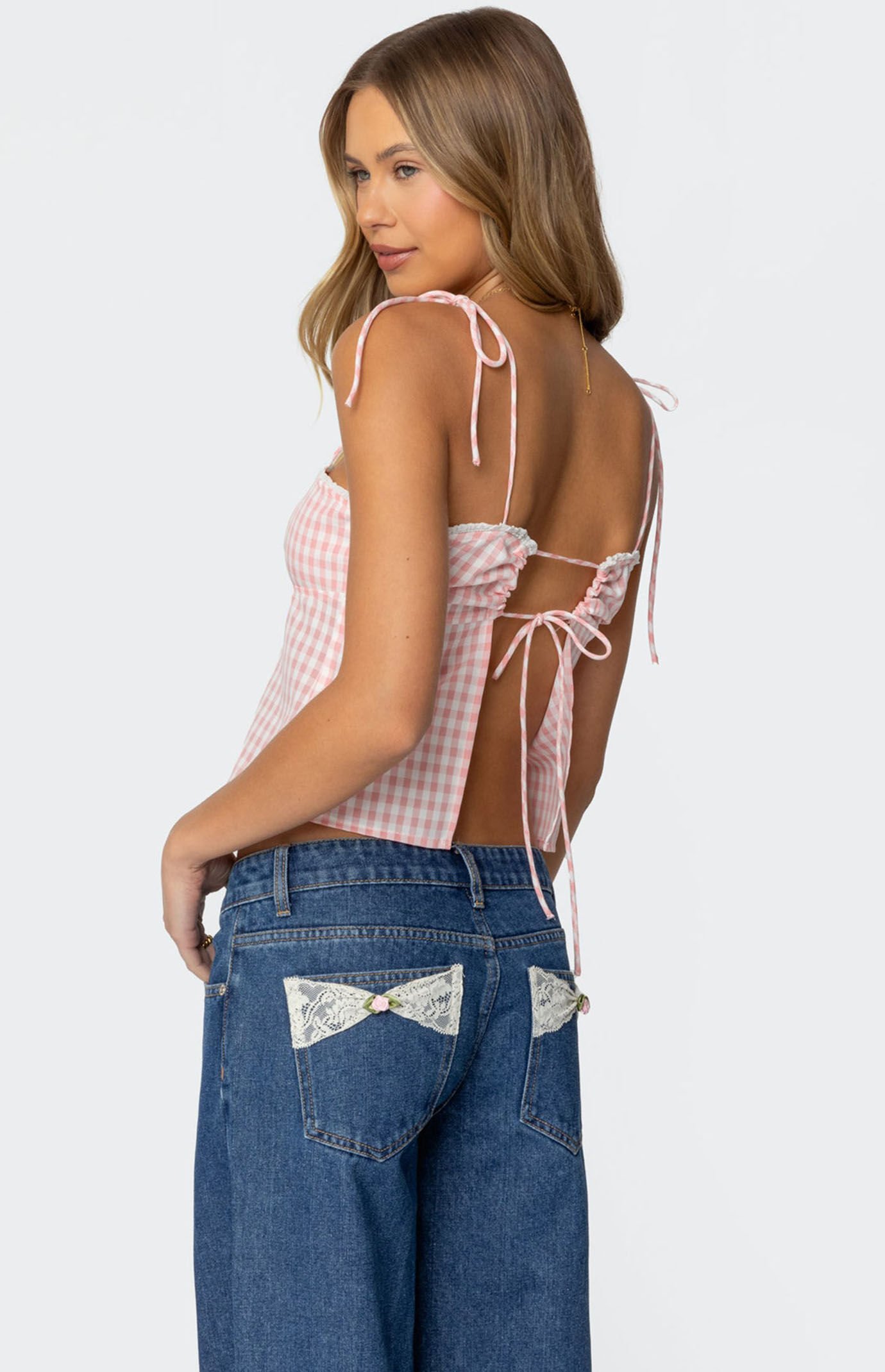 Edikted Billie Open Tie Back Gingham Top