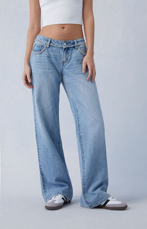 Light Indigo Rhinestone Low Rise Wide Leg Jeans image number 2