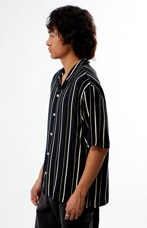 Black Striped Oversized Camp Shirt image number 3
