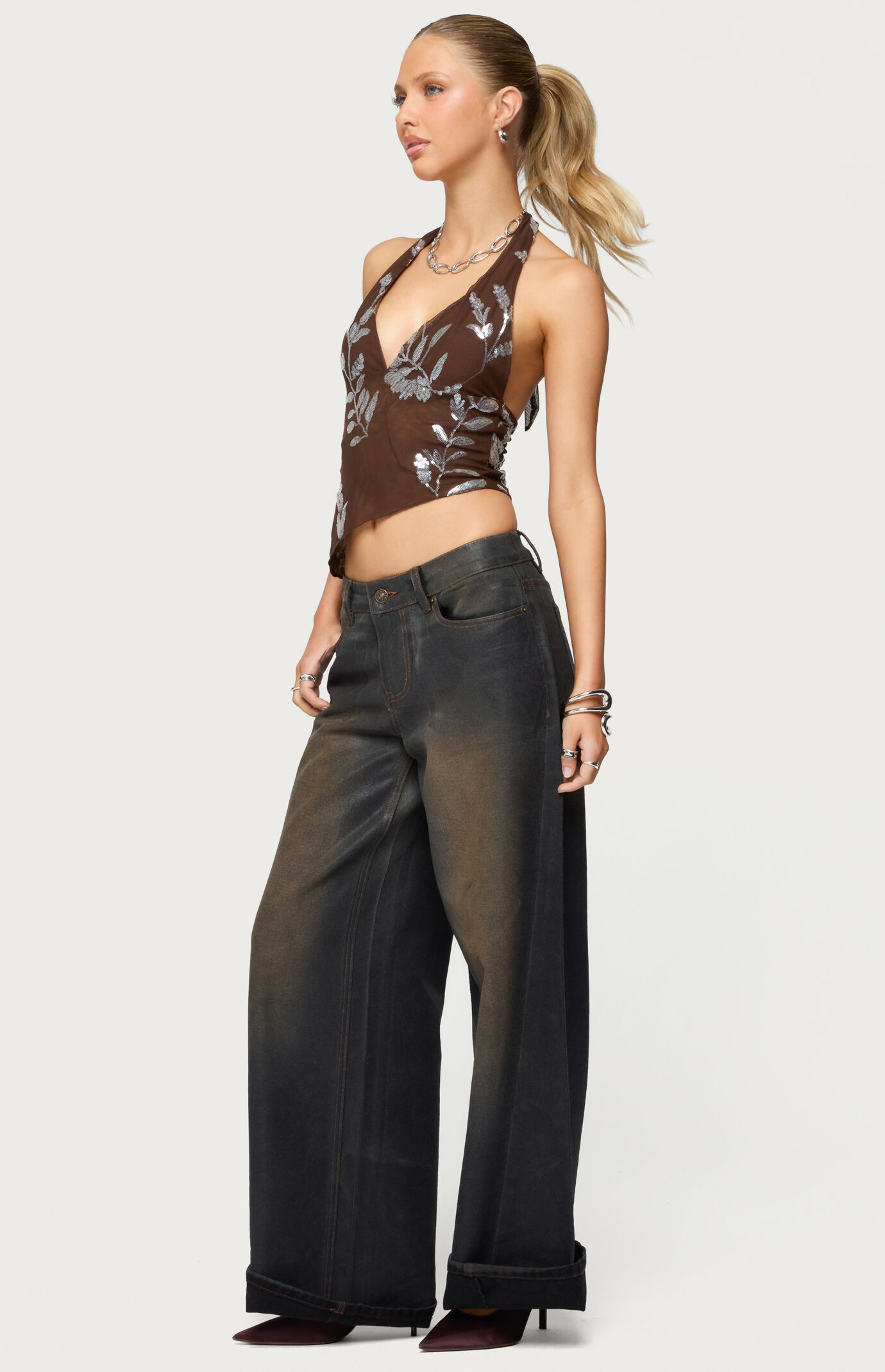 Edikted Sequin Asymmetric Mesh Halter Top