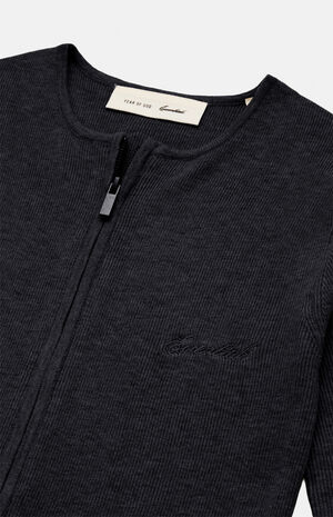 Women's Vintage Black Signature Ribbed Knit Long Sleeve Zip Up Top image number 2