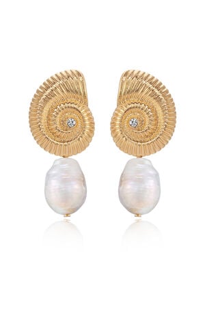 Nautilus Shell Freshwater Pearl Dangle Earrings image number 1