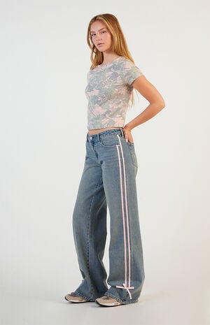 Casey Low Rise Baggy Jeans Side Stripe Bows - Main Image